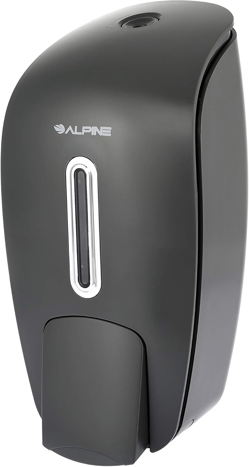 Dimensions of the Alpine Industries Manual Soap Dispenser: 9.6 inches height, 4.1 inches width, 4.6 inches depth.