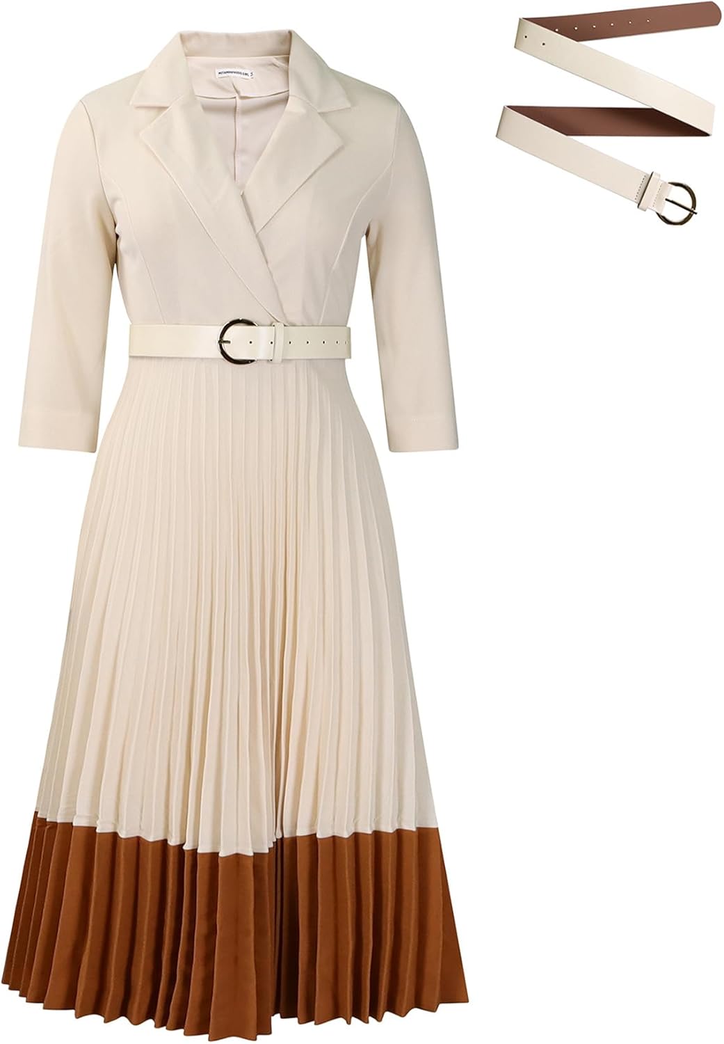 Pantete Womens A Line Work Midi Dresses Lapel Collar 3/4 Sleeve Pleated Dress for Business Office