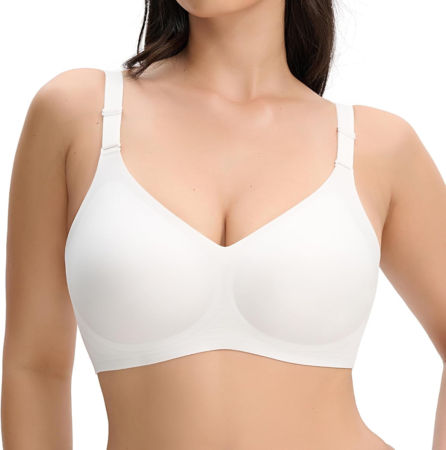 PQK Wireless Bras for Women Comfortable Seamless T Shirt Bras No Underwire V Neck Full Coverage Support and Lift