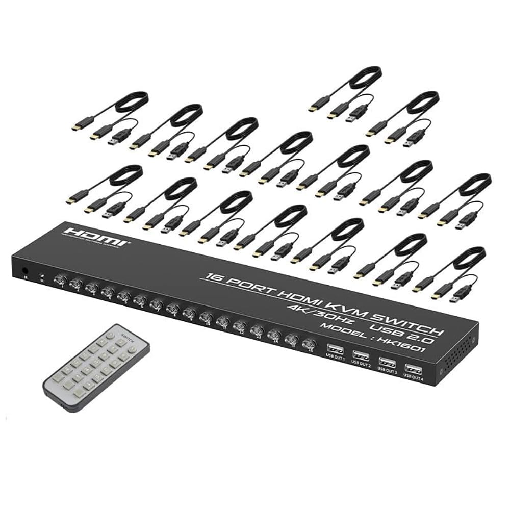 ETZIN 16-Port HDMI KVM Switch, 4K/30Hz USB 2.0, Multi-Computer Control System with Remote, Compatible with Windows, Linux, Ma-c O-S, Support for 16 PCs with Single Monitor EPL-1537H