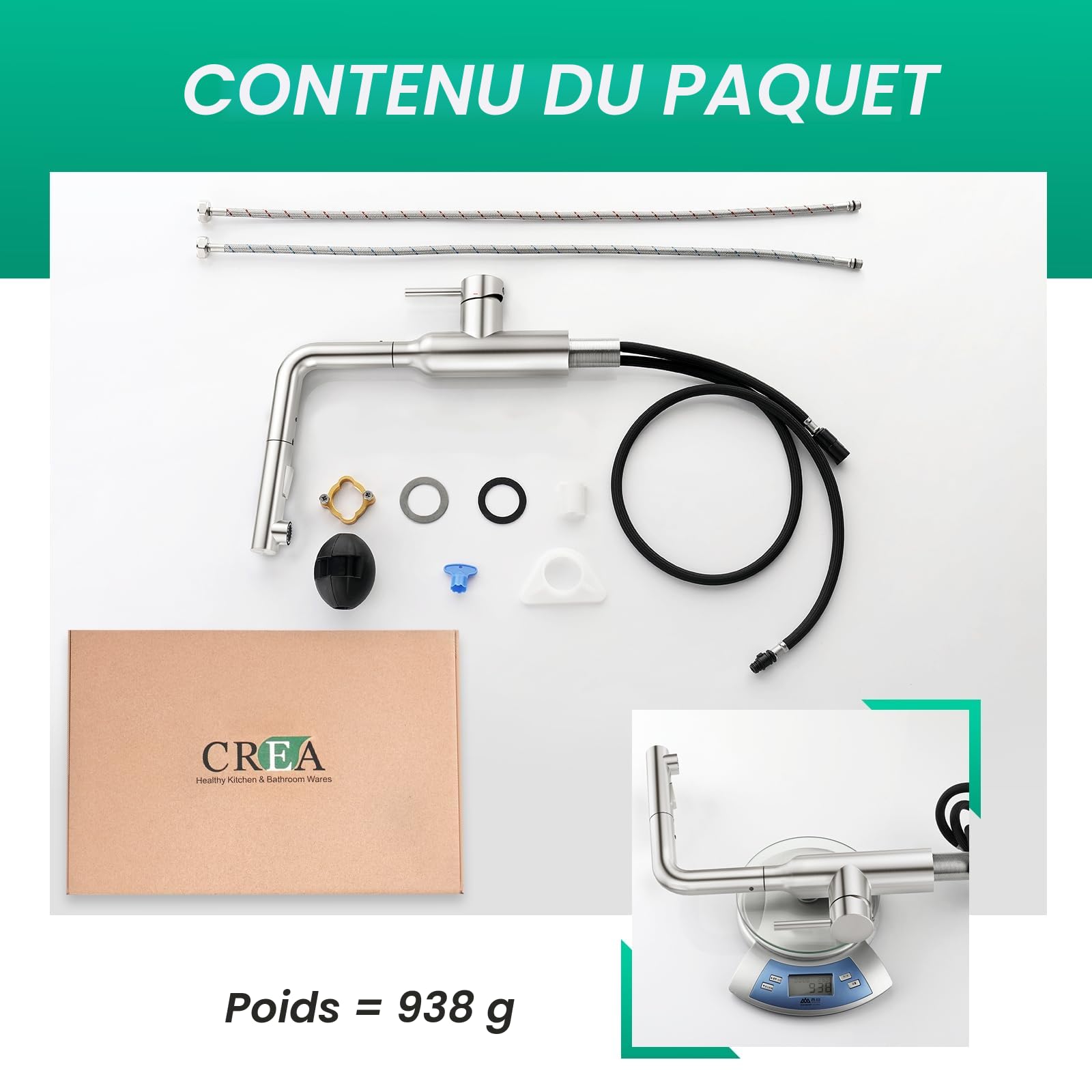 CREA Robinet D'évier de Cuisine avec Douchette Extractible, Mitigeur Monocommande avec pulvérisation Nagnétique Rétractable, brossé