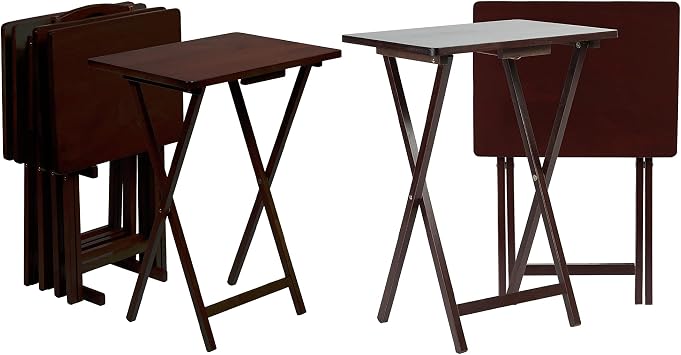PJ Wood - Folding Wood TV Tray Table Set - Espresso Brown, 7-Piece | Rectangular Shape, 14.57 x 19.09 x 26 in, Storage Rack Included, Compact Upright Storage, Require Assembly, Wipe Clean