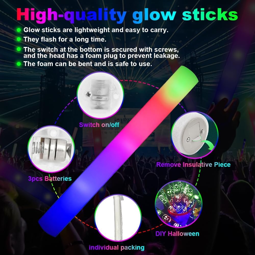 Schaumstoff-Leuchtstäbe mit 3 Modi, bunt, blinkend, Party-Set, leuchtet im Dunkeln, Partyzubehör, Schaumstoff-Leuchtstäbe für Hochzeit, Raves, Konzert, Party, Halloween-Party, 70 Stück