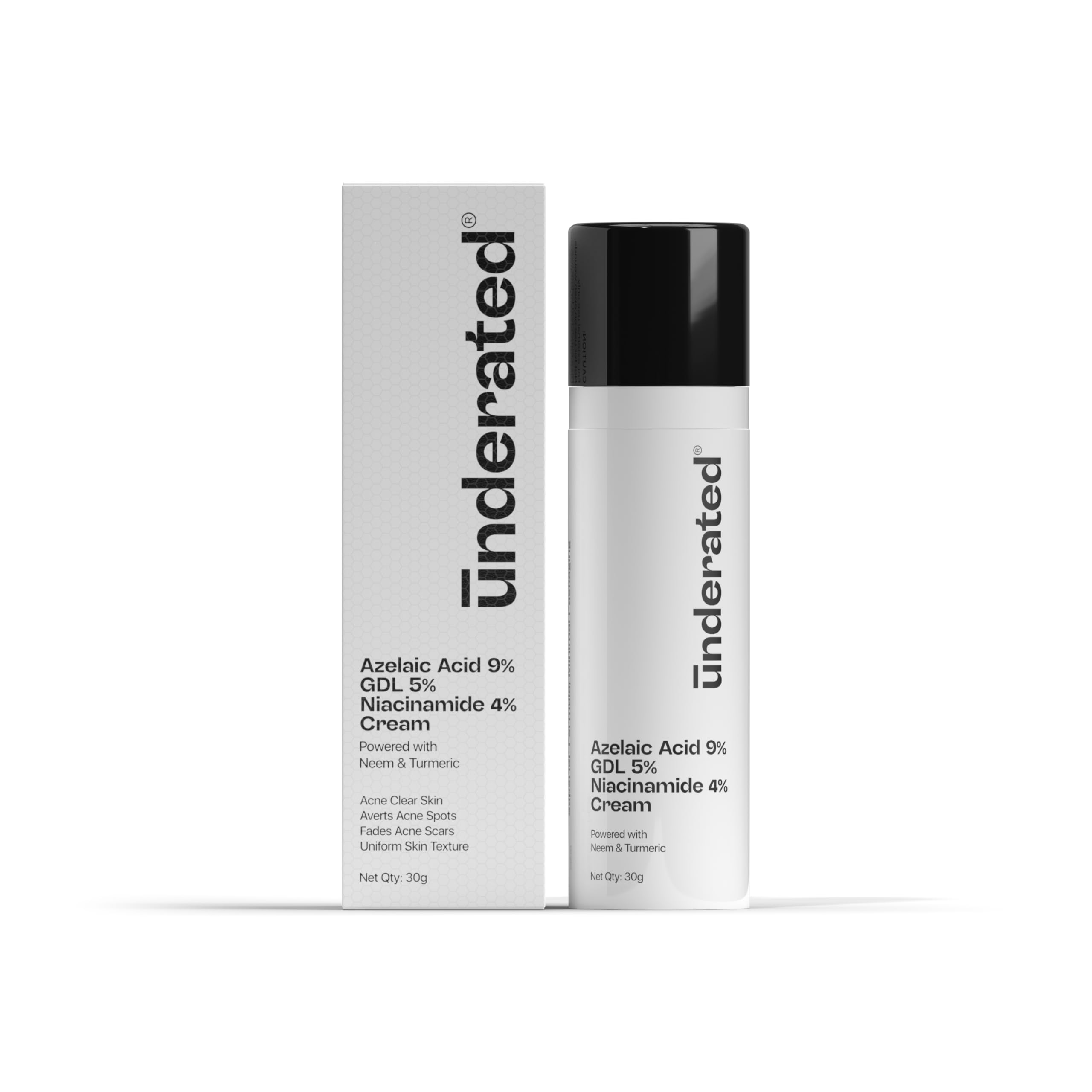 UNDERATED Azelaic Acid 9% Gdl 5% Niacinamide 4% Cream Powered With Neem And Turmeric For Uniform Skin Texture, Averts Acne Spots And Fades Acne Scars | 30Ml