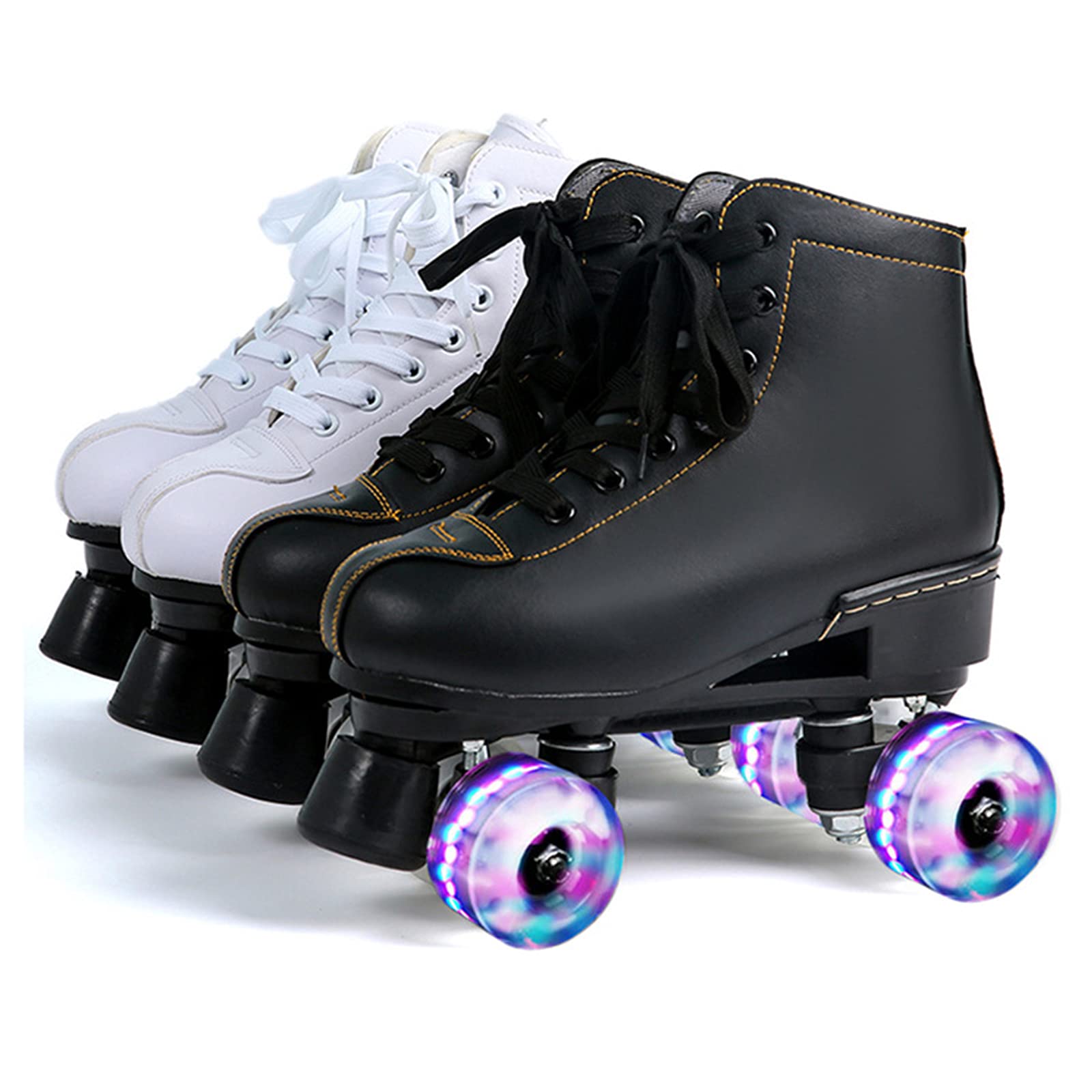 Patins à roulettes à Double Rangée pour Femmes et Hommes, Rollers Quad en Cuir PU Haut de Gamme avec Roues Clignotantes en PU pour Débutant Adulte Adolescent Enfant