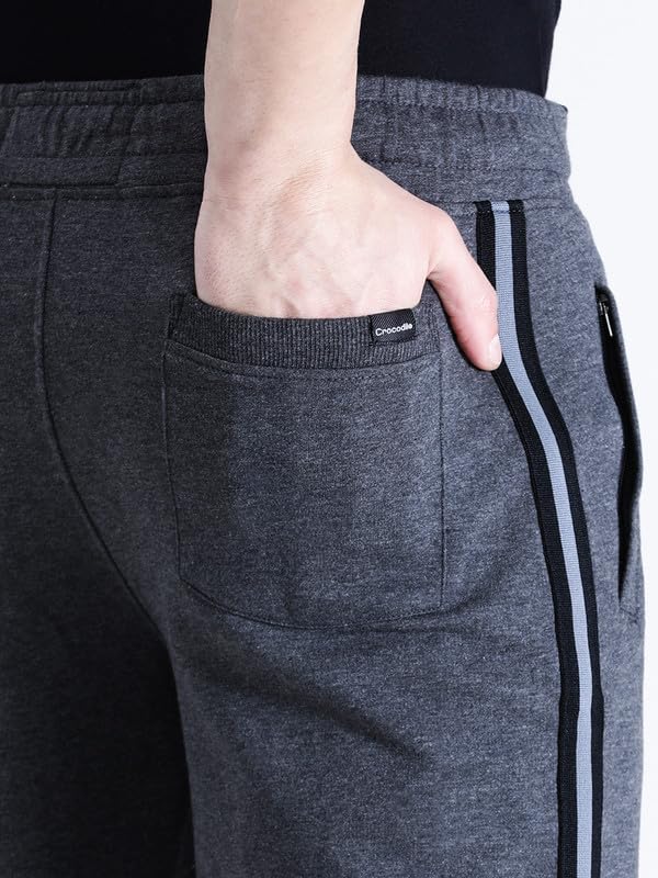 Image of CROCODILE Men Solid French Terry Joggers | Classic Fit | Mid Rise | Drawstring Closure | Ankle Length | Casual Wear Navy Melange