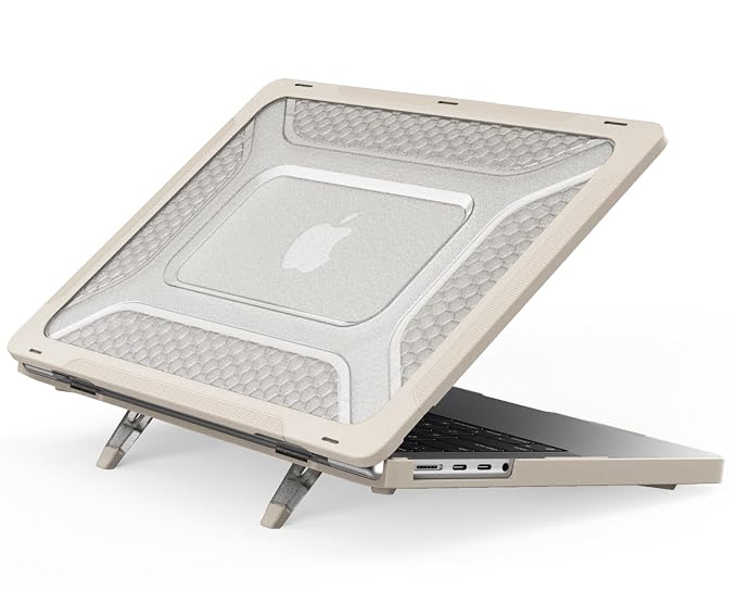 ProElite Case for MacBook Pro 14"Case 2025 2024 2023 2022 2021 M5 Pro/M5 Max/M5/M4/M3 A2918 A2992 M2 A2779 M1 A2442 Pro Max,Heavy Duty Honeycomb Hard Shell with Slim TPU Bumper & Fold Kickstand, Stone