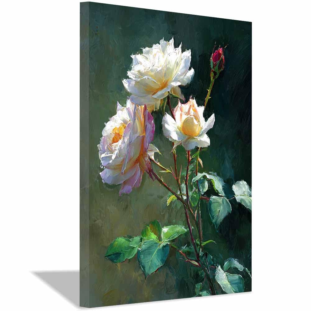 Xeniou Multicolor Flowers Wall Canvas Whites Ros Oil Art Canvas Wall Art, For Bathroom Living Room Bedroom Office Kitchen(Multicolor)-70X100cm Framed