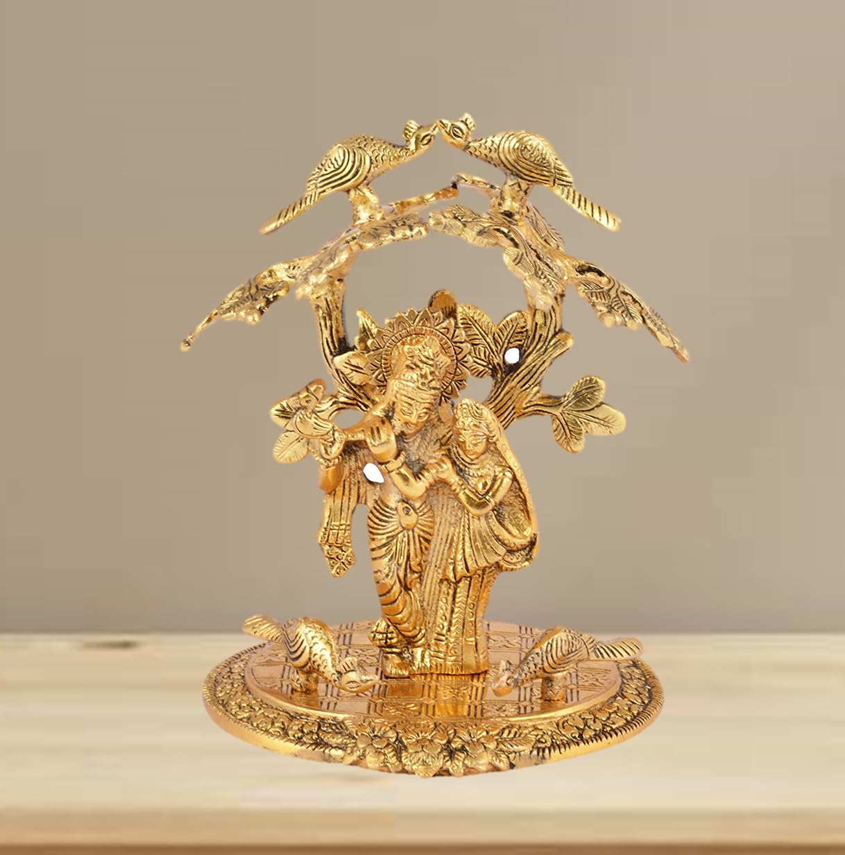 Purpledip Metal Idol Radha Krishna Under Tree: Decorative Statue For Home Temple (10926)