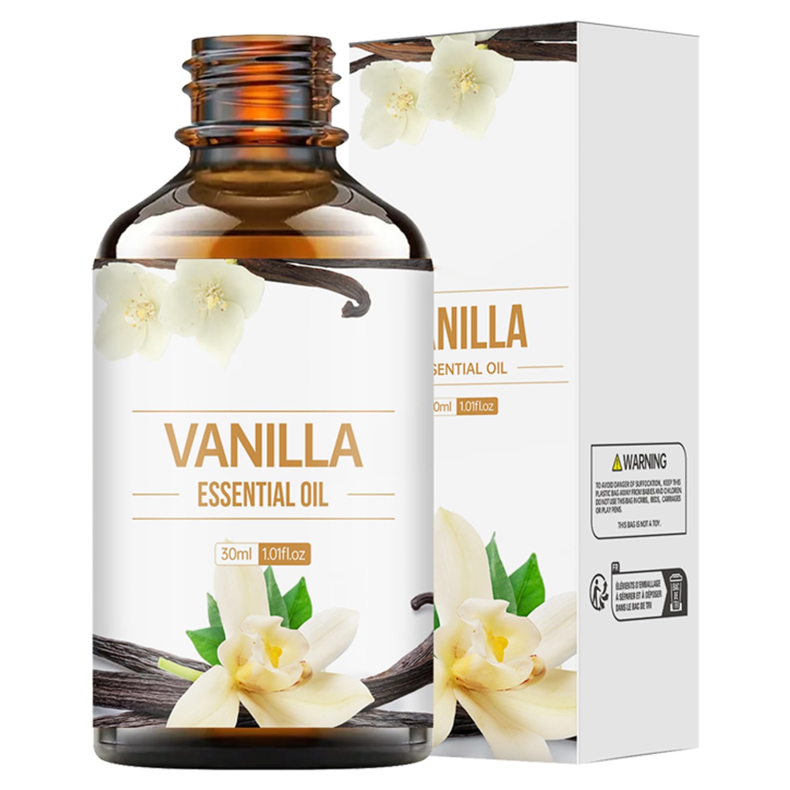 FEESHOW Natural Vanilla Essential Oil 30ml for Diffuser Humidifier and DIY Perfume Body Oil 100% Pure Fragrance Oil for Hair Skin Care Relaxing Scent Home Spa White One Size