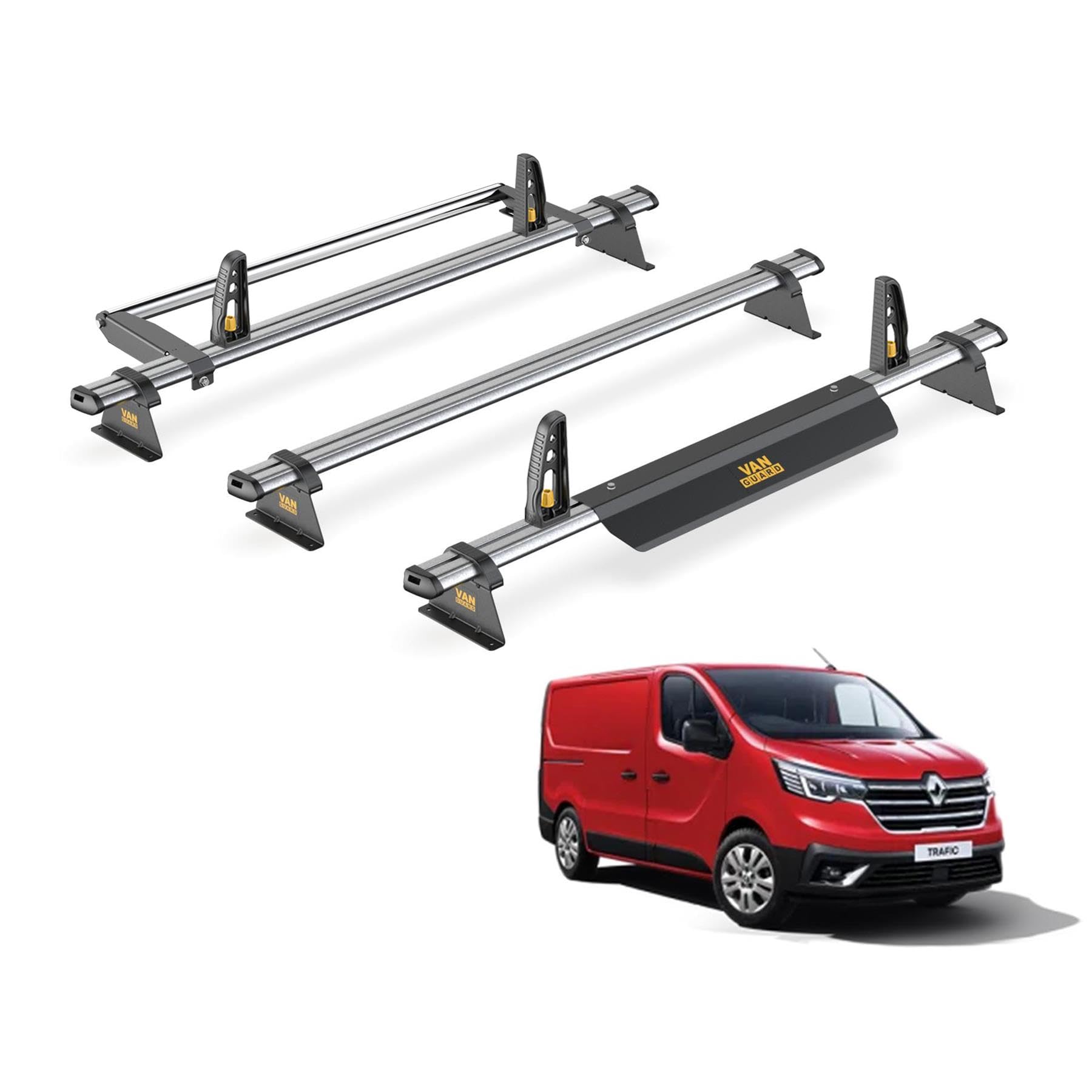 Van Guard Trade Roof Rack for Renault Trafic (2014+) 3 Steel Roof Bars, Loadstops & Rear Ladder Roller [Only Suitable for Standard Roof Models with Twin Rear Doors] - UltiBar Trade - SB315-3/VGR-01