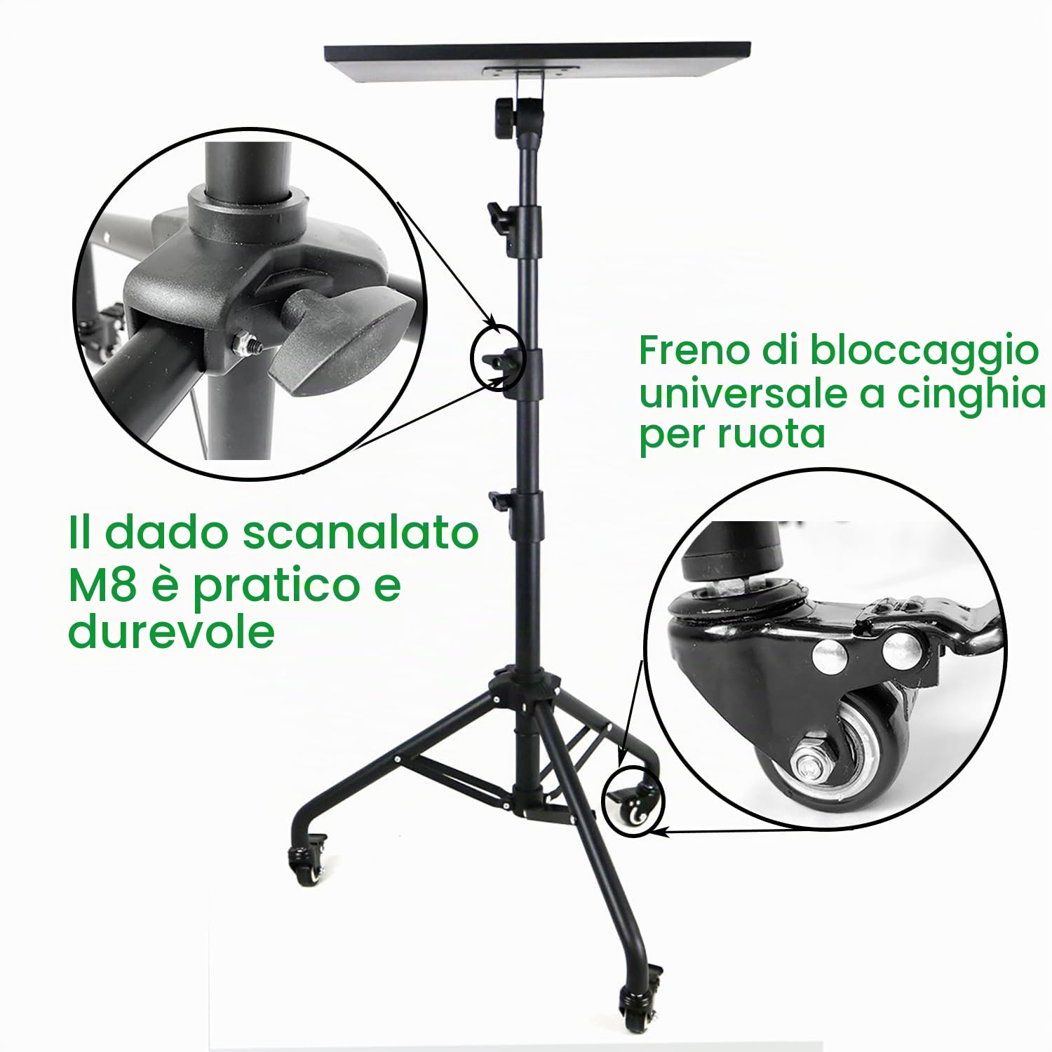 Supporto Proiettore da Terra，Treppiede Proiettore,con 3 Ruote Girevoli,Altezza Regolabile 65-130 cm con Supporti per Telefono, Ruote Altezza Regolabile Stand Universale per Laptop PC Videoproiettore