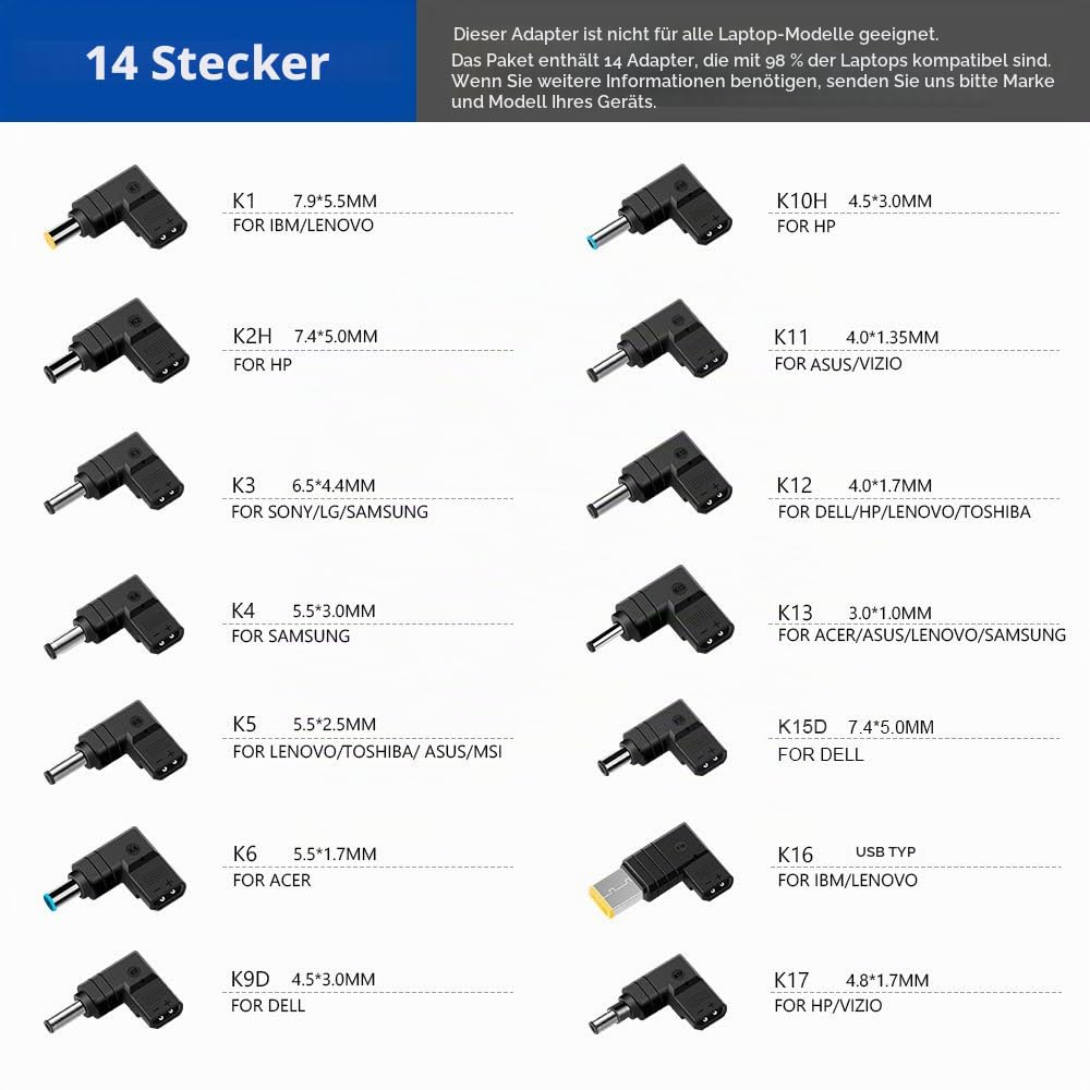 KFD DC 12V-24V Universal KFZ Ladekabel Netzteil Laptop Auto Ladegerät für HP Dell Lenovo Asus Acer Medion Fujitsu Sony Samsung Toshiba Delta LG Notebook DC Adapter Car Charger Zigarettenanzünder
