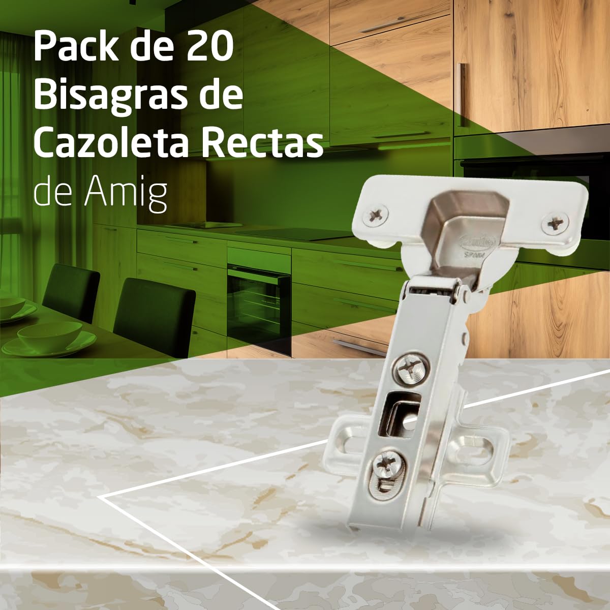Amig - Pack de 20 Bisagras de Cazoleta Recta - Ø35 mm - Acero Niquelado - Pestillo de Apertura Rápida - Instalación Oculta para Muebles - Tacos y Tirafondos Premontados