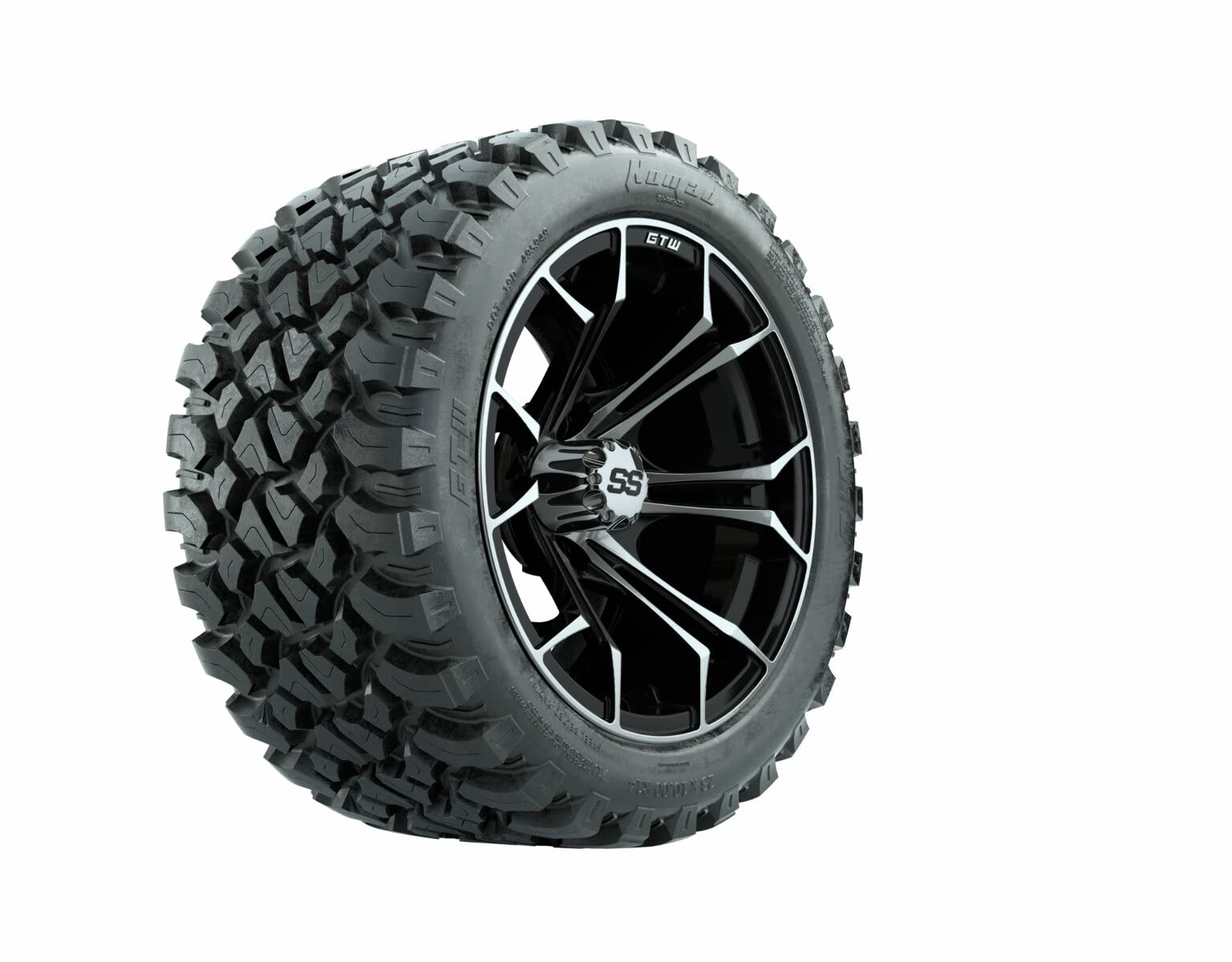GTW 14 Inch Golf Cart Wheels and Tires Combo | Machined/Black Spyder Wheels on 23x10-R14 Nomad All Terrain Radial Tires | Set of 4 (Machined/Black)