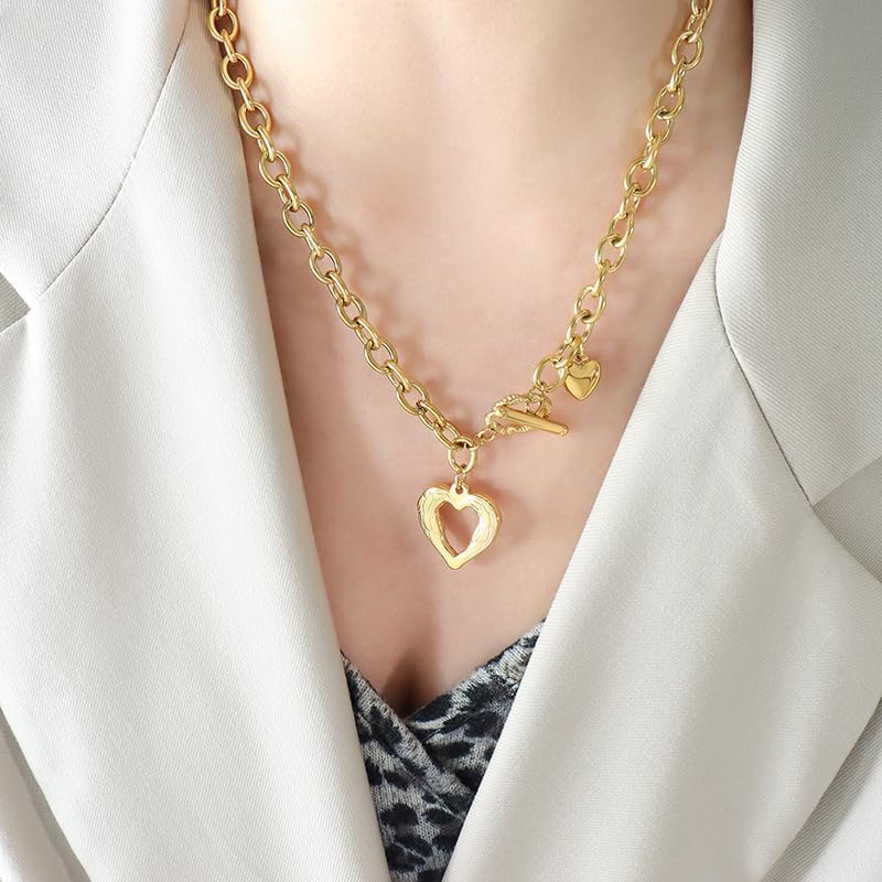 Chunky Gold Necklace For Women Toggle Clasp Double Heart Necklace Gold Plated Charm Necklace Statement Jewelry Present-gold heart - Image 9