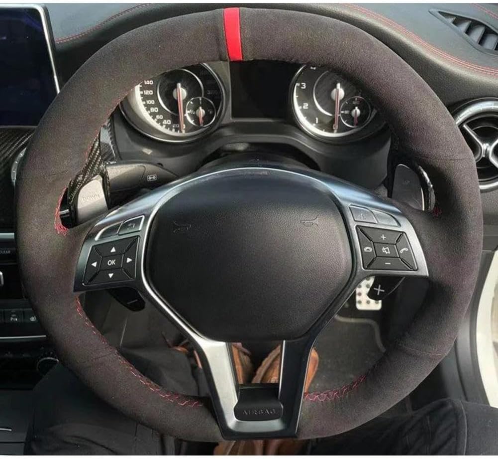 Suede Car Steering Wheel Cover Hand-Stitched Black, for Mercedes Benz A45 AMG W176 C63 W204 CLA C117 CLS S-Model 2011-2016