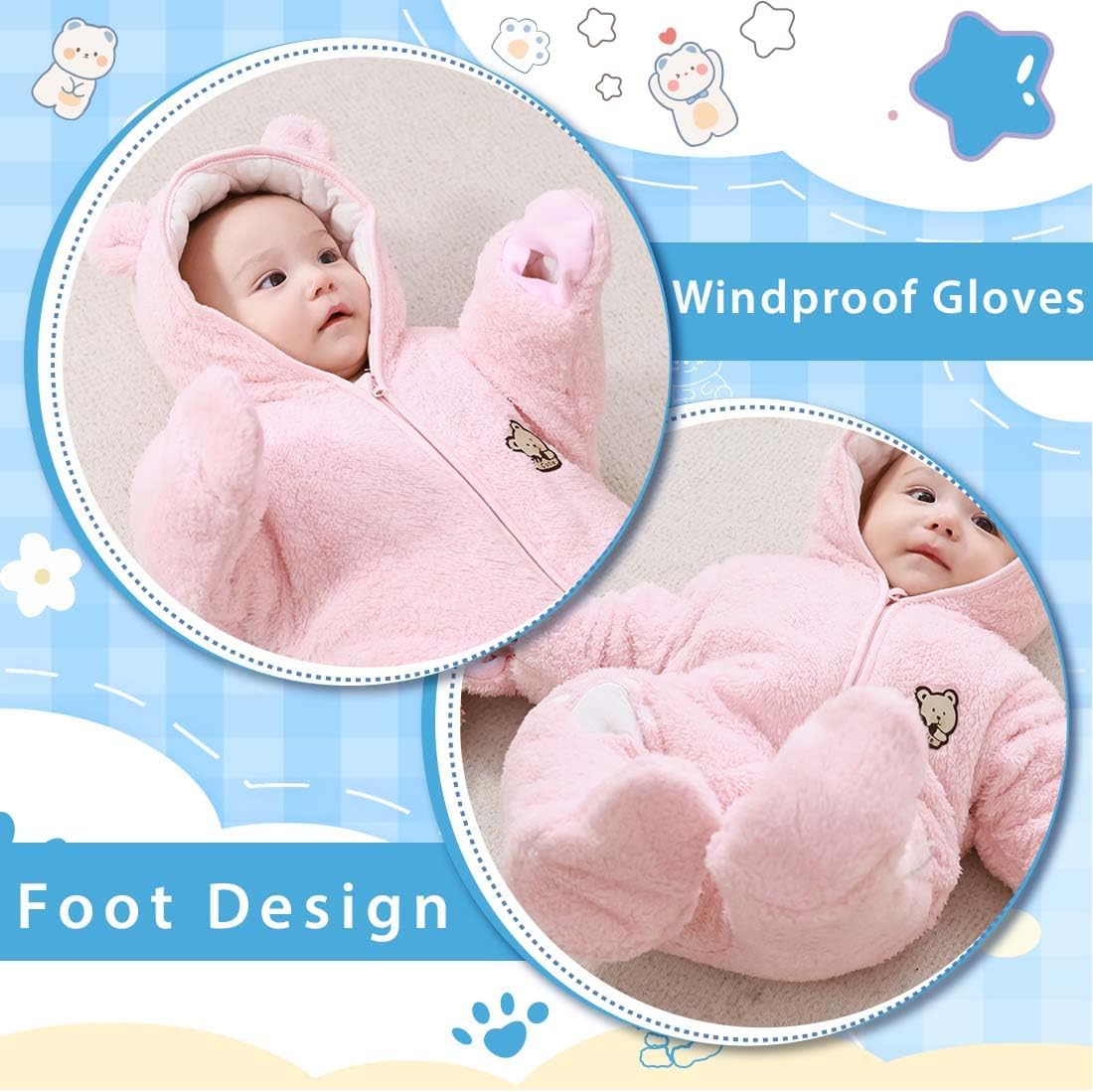 Fairy Baby Newborn Baby Snowsuit Bear Outfit Footie Romper Winter Thick Fleece Jumpsuit Infant Coat for Girls Boys 0-12M - Image 5