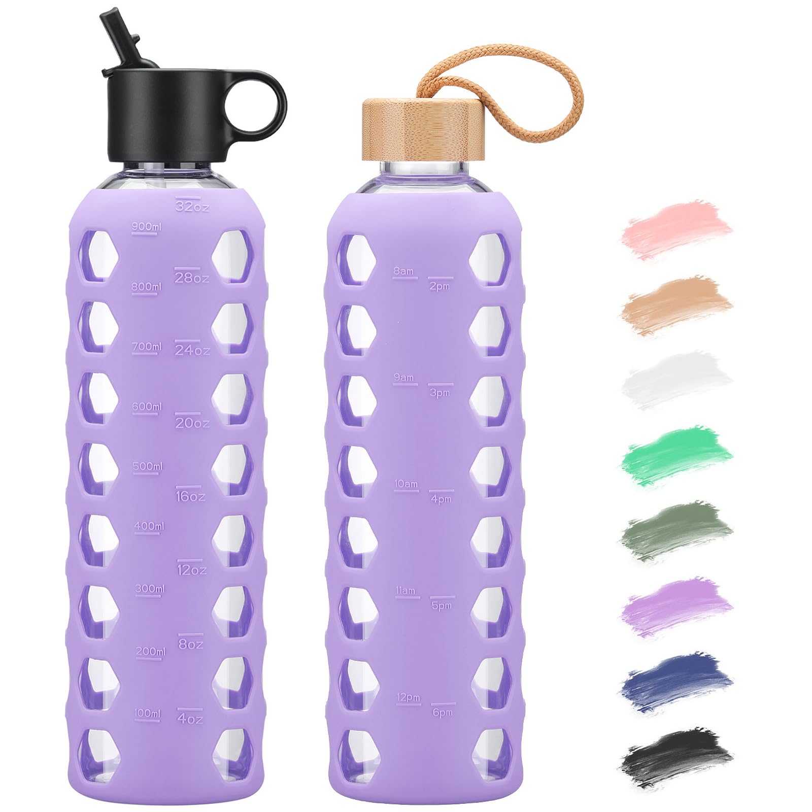 BLUEGO Borracce in vetro, 900ml Bicchiere in vetro, Bottiglie per bere con 2 coperchi, Bottiglia per l'acqua sportiva con custodia in silicone, A prova di perdite, Viola