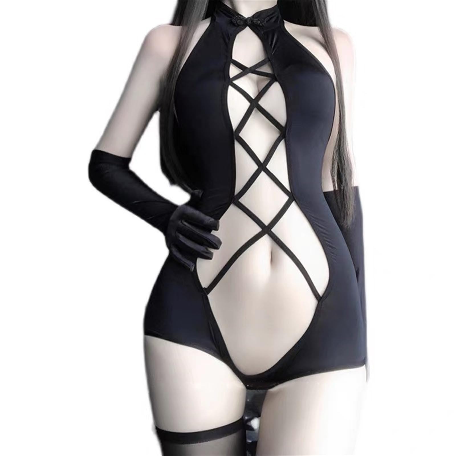 Sexy Black Hollow Out Bodysuit Swimsuit Anime Underwear Cosplay Costumes for Woman Bandage Teddy Role Play One Piece Outfit