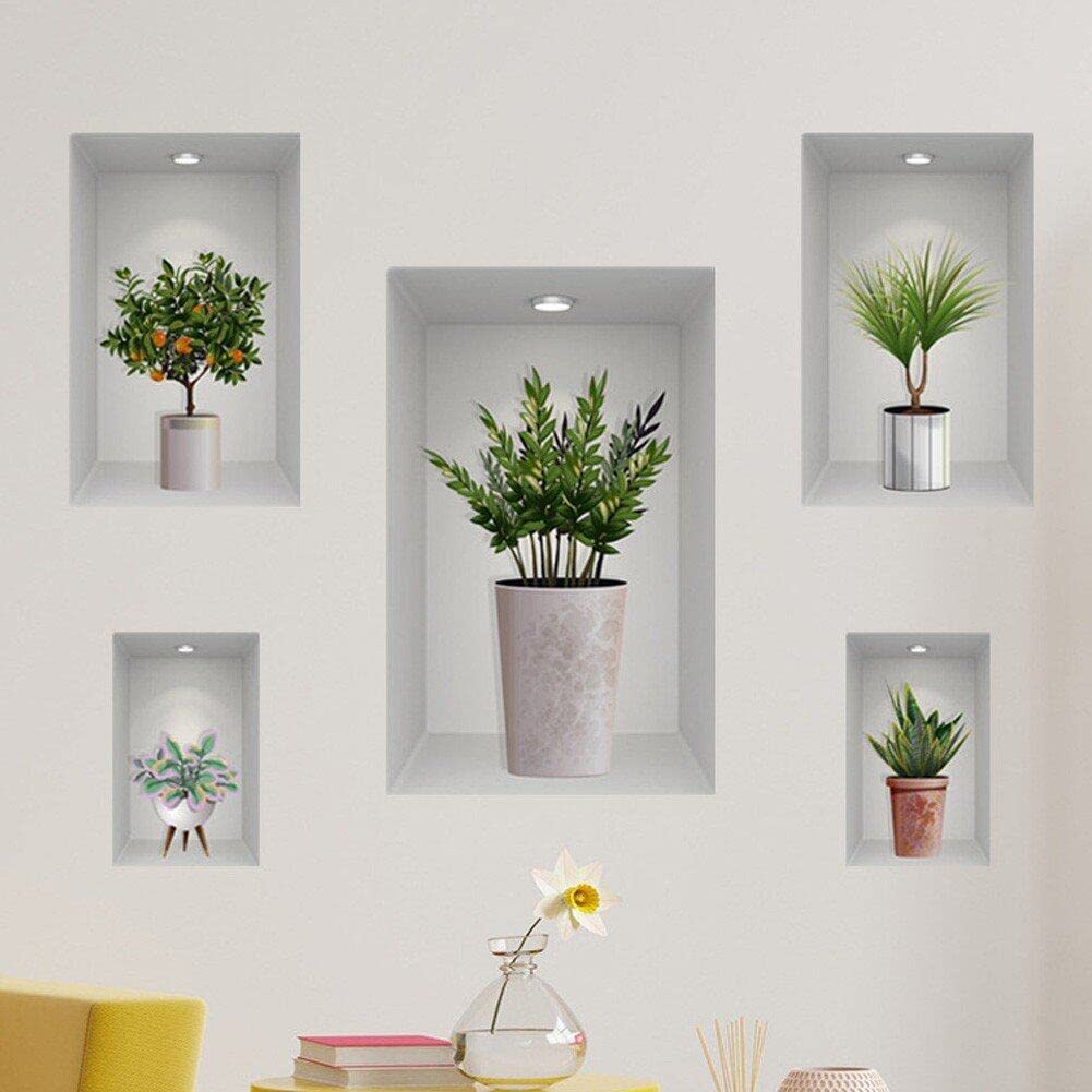 Sanfly Art Magic 3D Green Plants Wall Sticker 3D Wall Art Stickers DIY Botanical Vases Decals for Living Room Bedroom Kitchen Decor