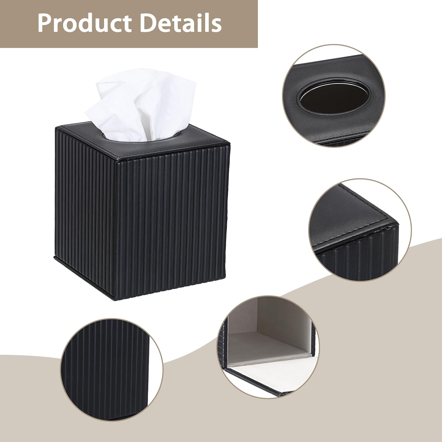 Sumnacon PU Leather Tissue Box Cover Modern Square Tissue Box Holder with Magnetic Closure Decorative Tissue Dispenser Stripes Textured Tissue Holder for Bathroom Car Home Office, Black image 4