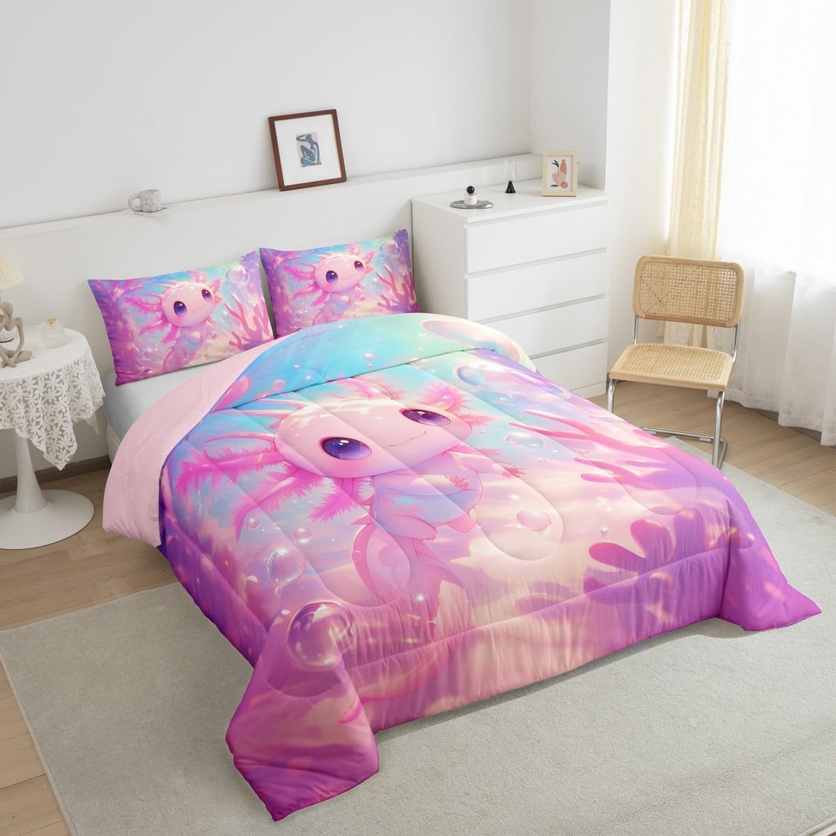 Feelyou Cute Axolotl Duvet Quilt Kids Cartoon Salamander Bedding Set Toddler Size Bubble Comforter Set for Women Men Room Decor Breathable Soft Lightweight Microfiber Ocean Grass with 1 Pillow Case