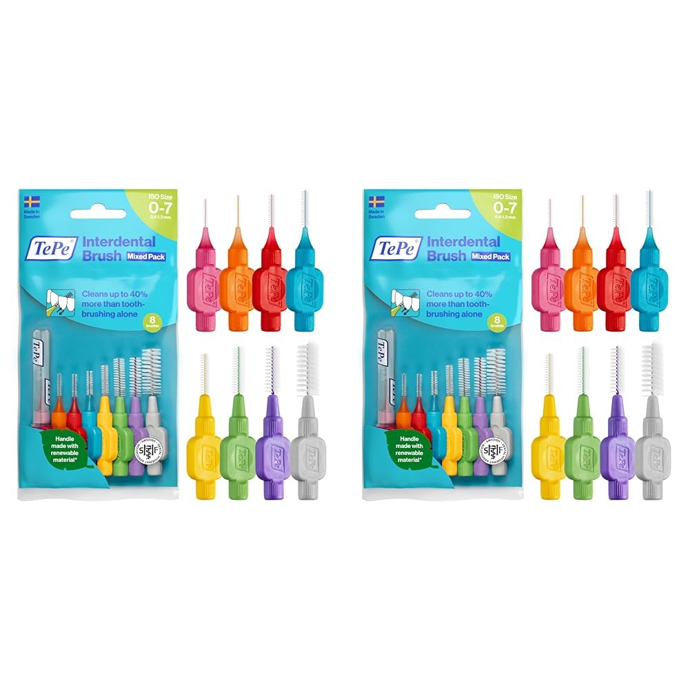 TePe Interdental Brushes | Type: Original | Mixed Pack | Size 0-7 (0.4-1.3mm) | 8 Count (Pack of 2)