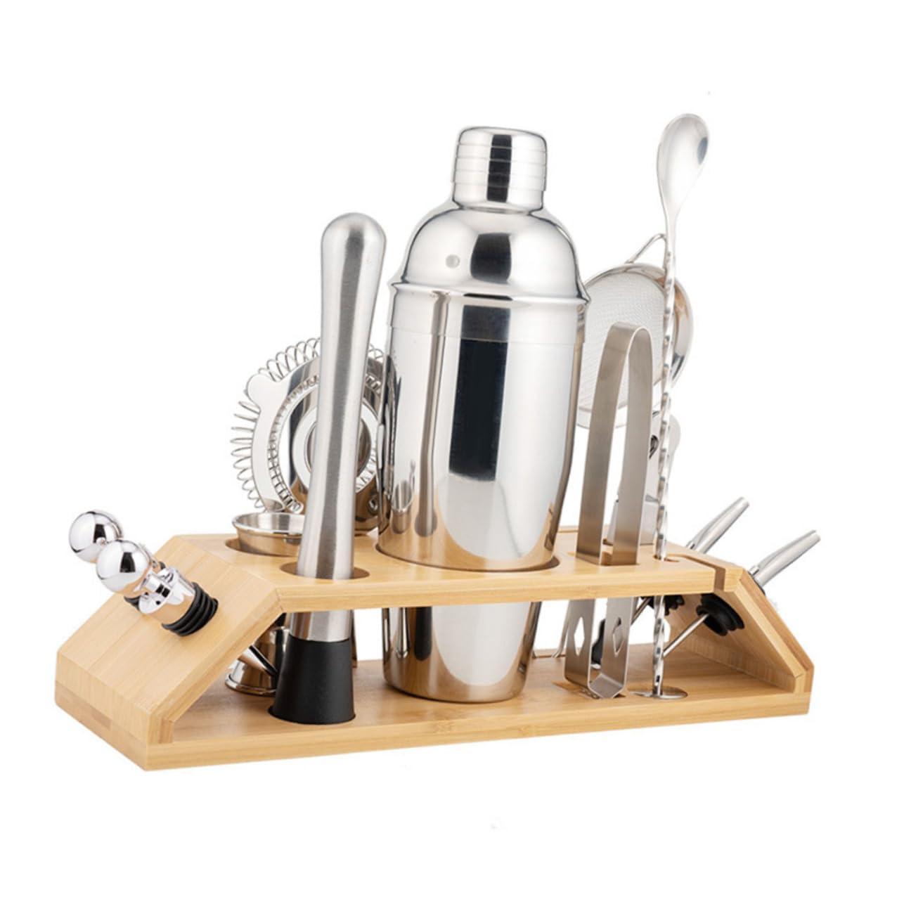Set Shaker da Cocktail Professionale 13 Pezzi in Acciaio Inox e Bambù, 550ml, Completo per Bar e Casa, per Cocktail e Aperitivi