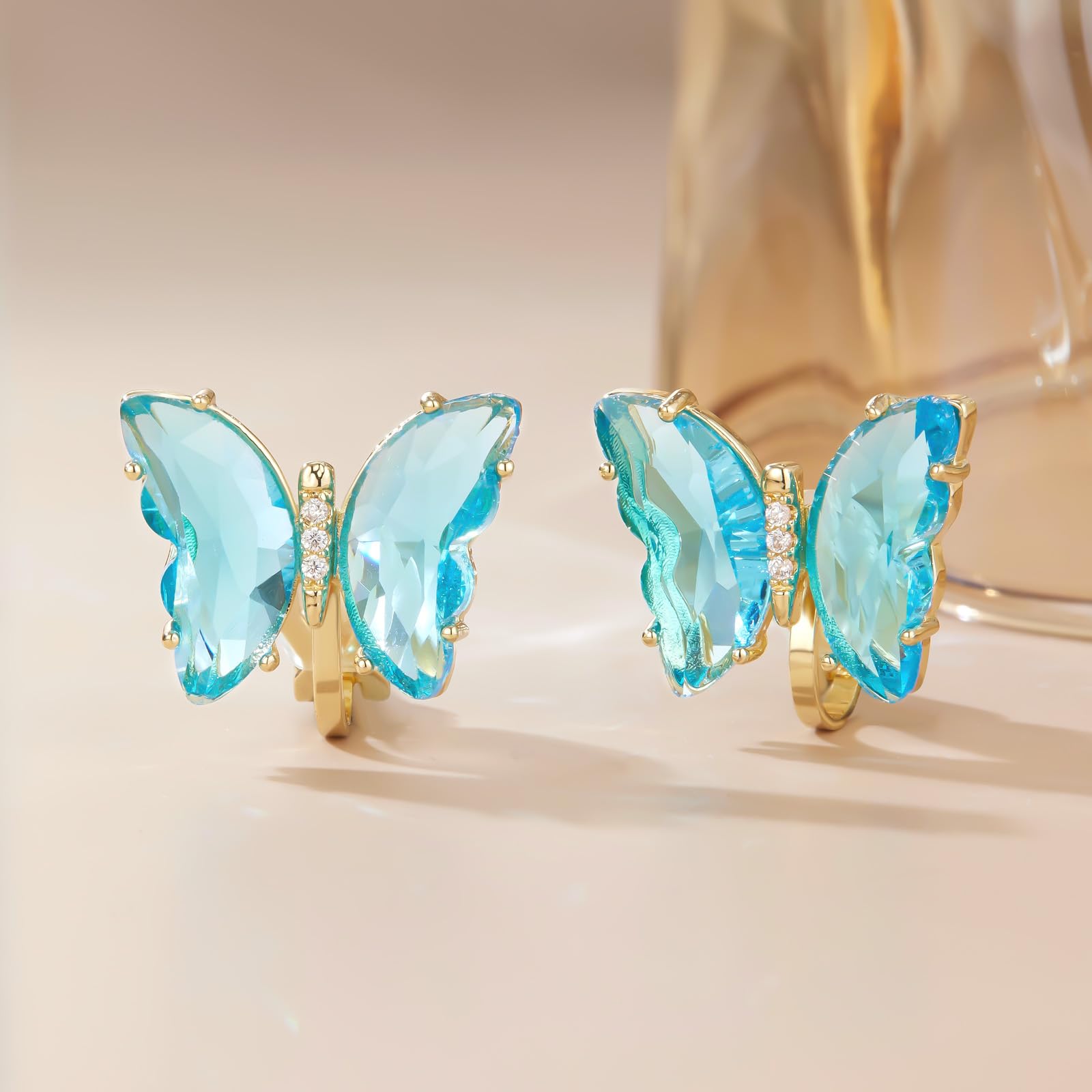 YOQUCOL Butterfly Shape Crystal Clip On Earrings Non Pierced Golden Stud for Women: Light Blue