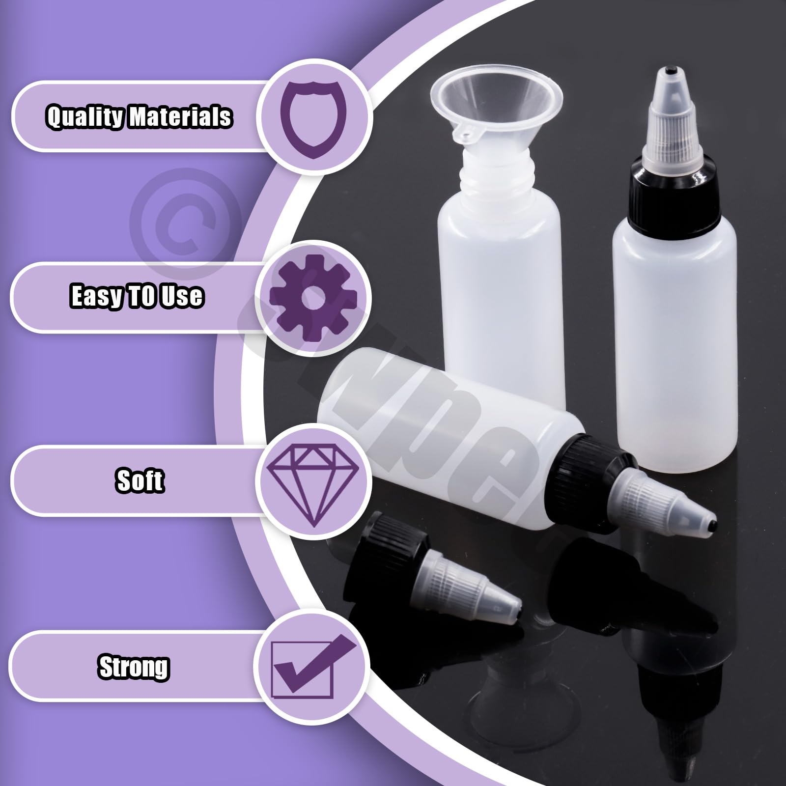 Swpeet 25 przezroczystych butelek z małymi lejkami, plastikowa butelka Boston LDPE o pojemności 30 ml, puste butelki z zakrętką Twist Top Cap do płynów z tuszem, z tworzywa sztucznego