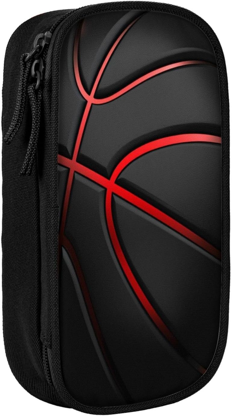 Basketball Black Red Pencil Pouch, Oxford Cloth Pen Case With Double Zipper Compartments, Portable Stationery Organizer For Office Supplies, Travel Accessories Makeup Items