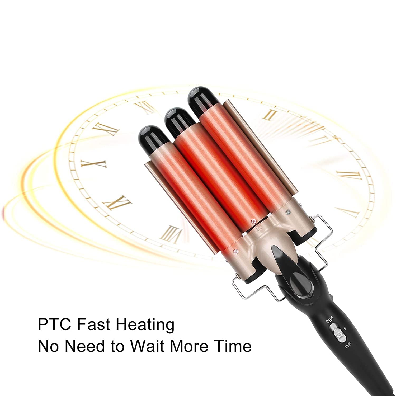 JGJ Triple Barrel Hair Curler, Professional Ceramic Hair Waver with PTC Fast Heating, 180-210°C Temperature Control, Anti-Scald Design, Golden Black - Image 2 thumbnail