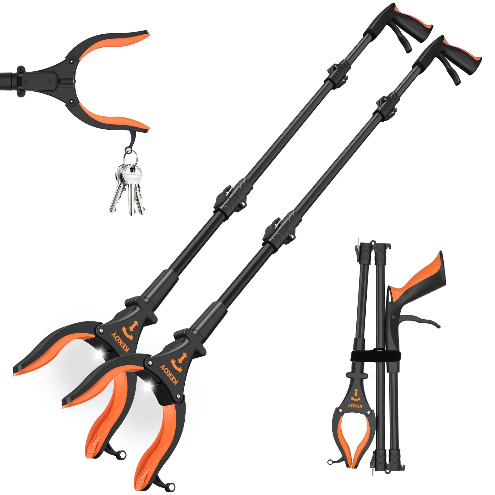 Kekoy 2-Pack Grabber Reacher Tool, 32" Grabbers for Elderly, Trash Picker Grabber with Light, Extended Claw Reacher Tool, Foldable Pick Up Grab Tool, Magnetic Sticks Grippers for Reaching (Orange)