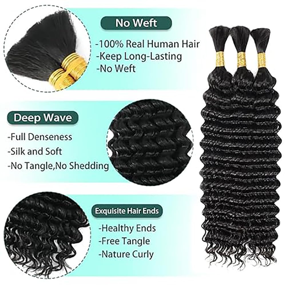 Echthaar Tressen Deep Wave Human Braiding Hair for Boho Braids Natural Black #1B Color Menschliches Haar Human Hair Extensions No Weft Weave 50g/Piece 28 28 28 Zoll