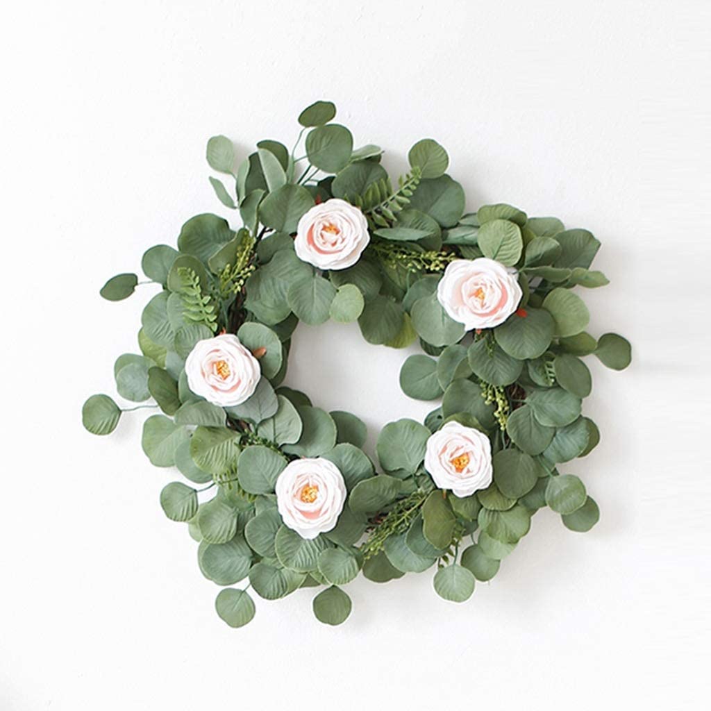 Corona navideña, Anillo de Flores navideñas Coronas navideñas para Puerta Principal Corona de Rosas y eucalipto Artificial Hecha a Mano de 19,6 Pulgadas Decorativa/Verano/Otoño Puerta