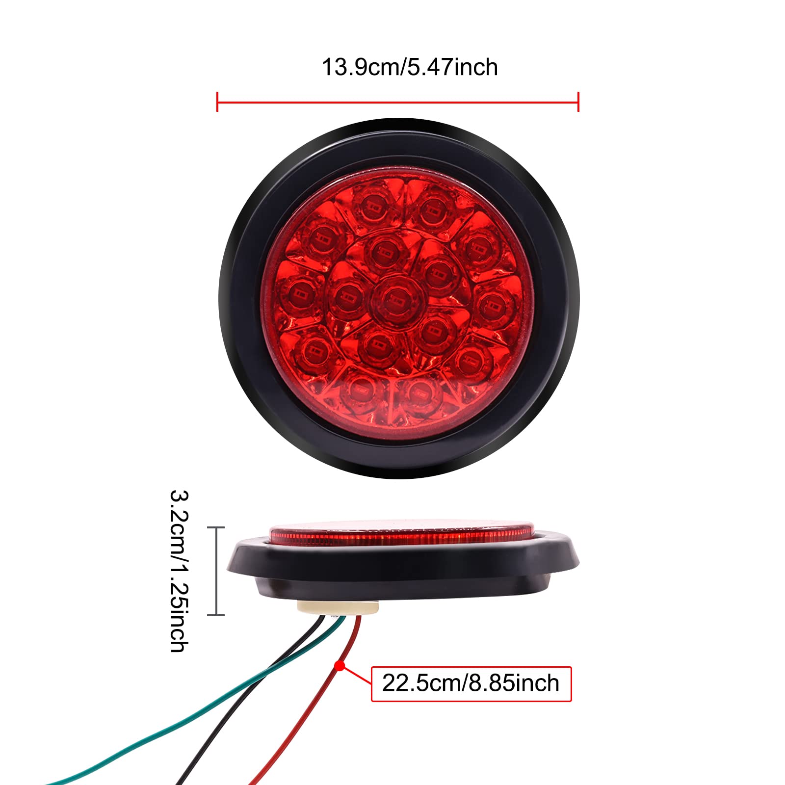 YnGia Red Trailer Tail Lights, 2PCS 4 Inch Round Brake Light 16 LED Rear Truck Trailer Stop Turn Marker Tail Light Led Light with Flush Grommet 10-30V for Truck Trailer Lorry