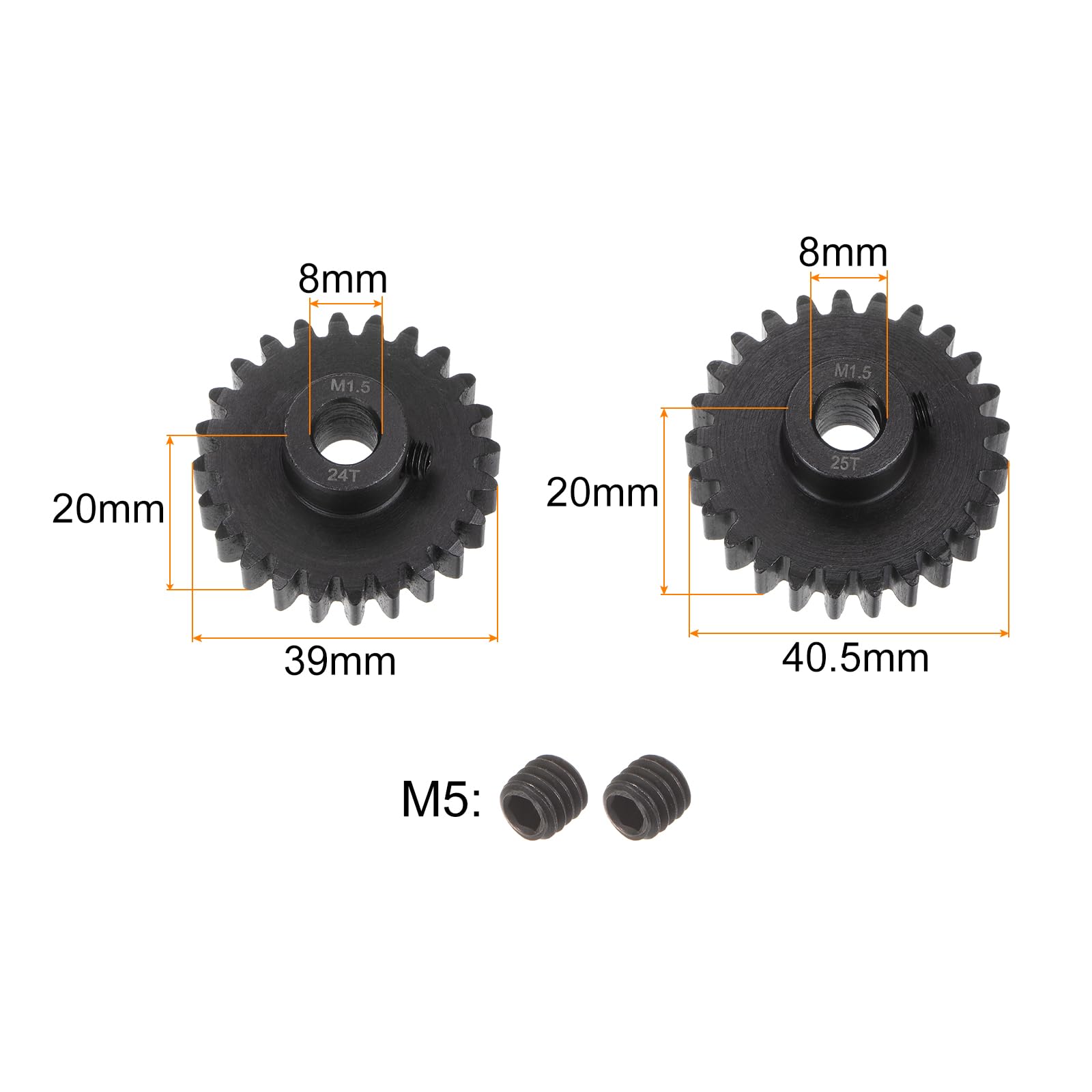uxcell Mod 1.5 Pinion Gear Set 8mm Shaft 24T 25T Motor Gears Hardened Steel Pinion Gear for RC Car (2pcs)
