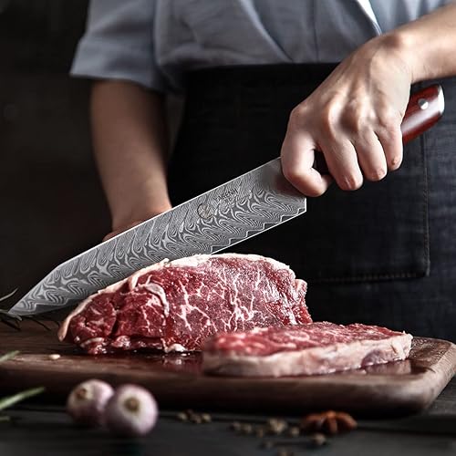 Miniatura 9 de YARENH Cuchillo para rebanar de 8 pulgadas, cuchillo de chef de Damasco, acero de 67 capas, hoja ultra afilada, borde duradero, resistente al óxido,
