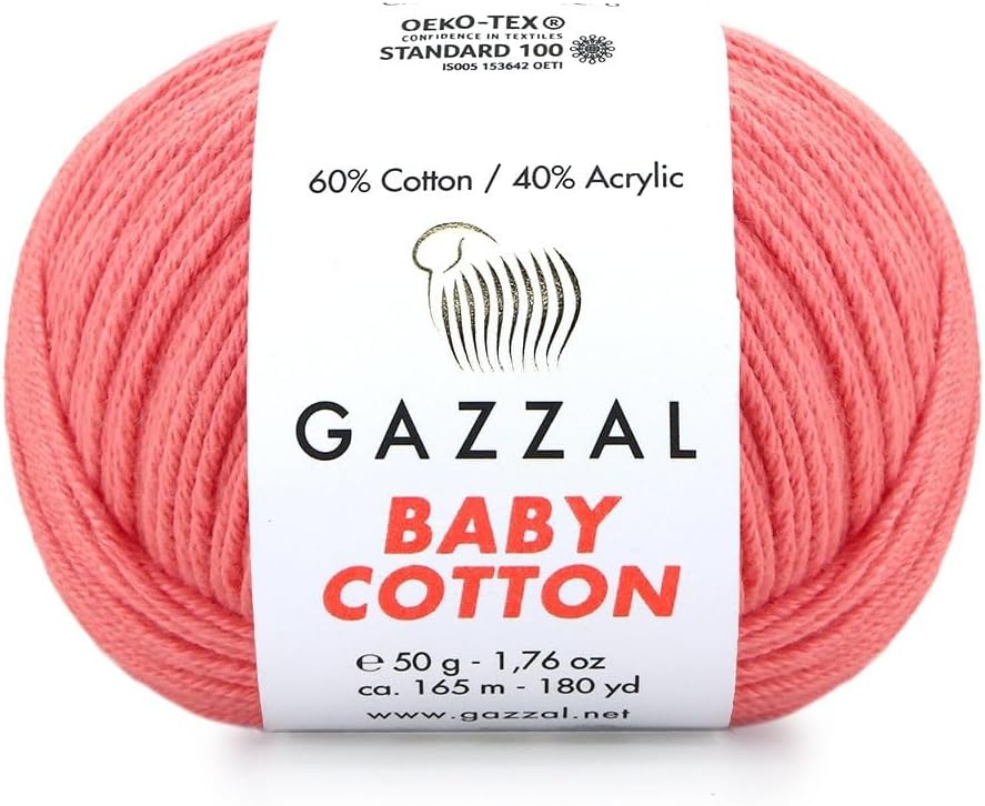 3 Pack (Skein) Gazzal Baby Cotton, 60% Cotton 40% Acrylic, Each Ball 1.76 Oz (50g) / 180 Yards (165m), DK- Worsted, Knitting Yarn, Amigurumi Yarn, Baby Yarn, 3435