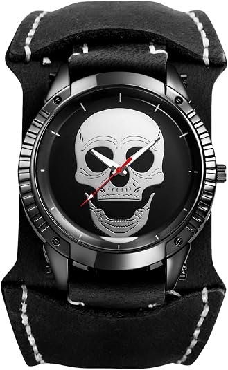 JewelryWe Men's Steampunk Leather Watches - Analog Quartz Gothic Skull Wide Cuff Watch Adjustable Genuine Leather Strap Wristwatch for Father's Day