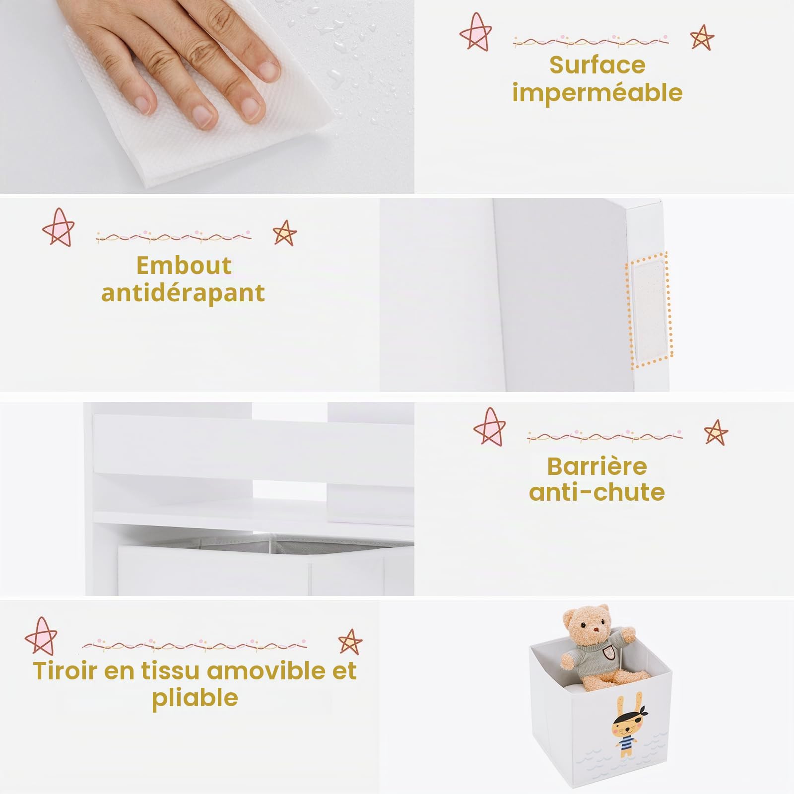 HOMASIS Étagère pour enfant à 3 étages, sur pied, pour jouets, livres, organisateur de jouets, avec 5 compartiments et 2 boîtes de rangement (animaux pirates)