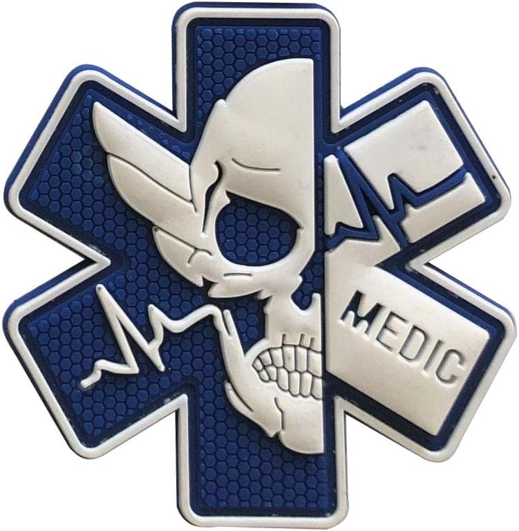 Medic Patch 3D PVC Rubber Paramedic Medical EMS EMT MED First Aid Morale Tactical Morale Skull Military Hook Fasteners Badge (White Blue)