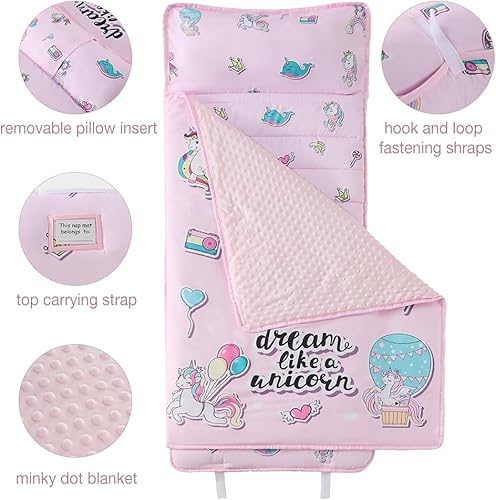 Miniatura 37 de beeweed Tapete para siesta para niños pequeños, diseño enrollable, con almohada extraíble y manta Minky, saco de dormir para guardería, preescolar