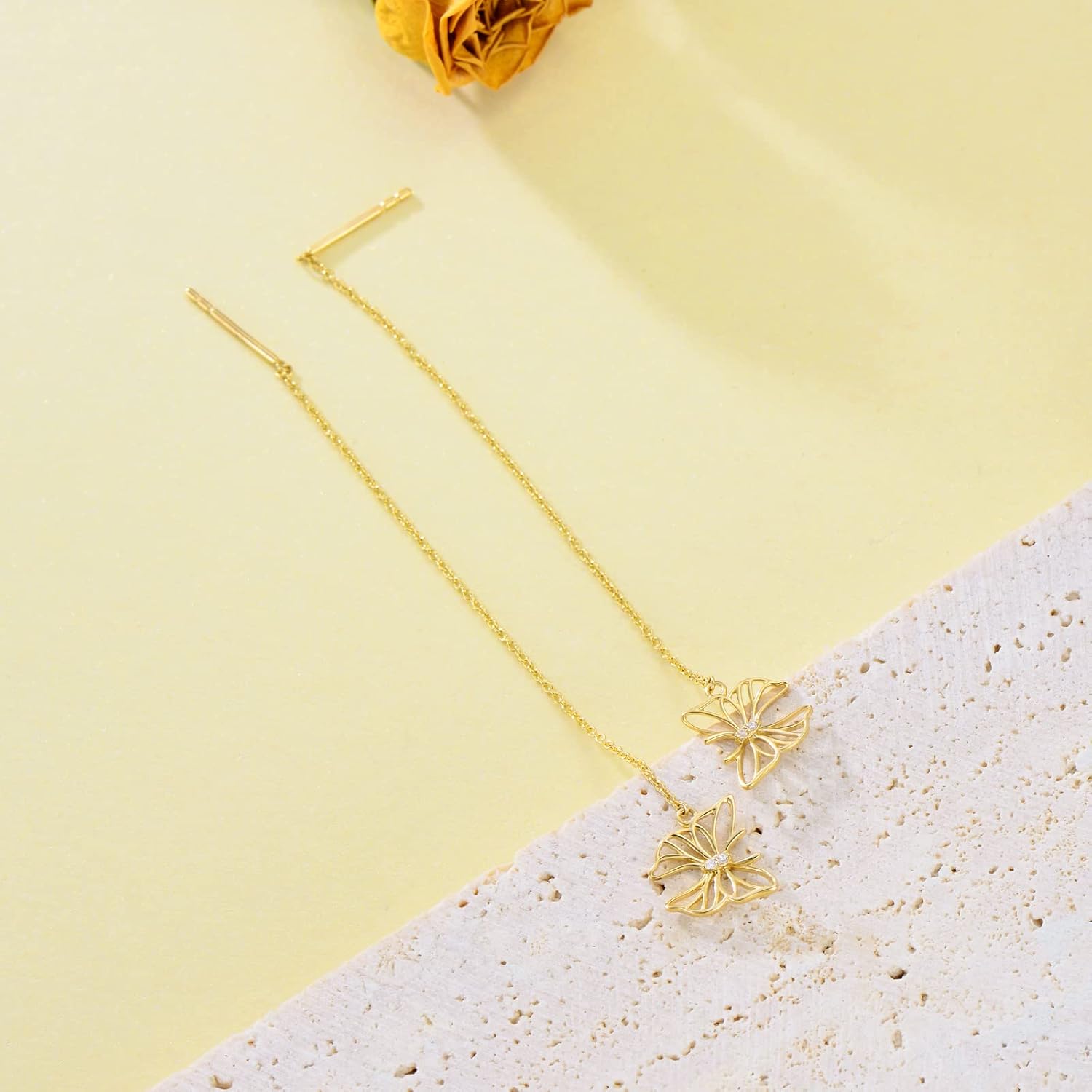 14K Gold Butterfly Threader Earrings for Women Chain Pull Through Earrings Minimalist Elegant Thread Earring Set for Her - Image 6