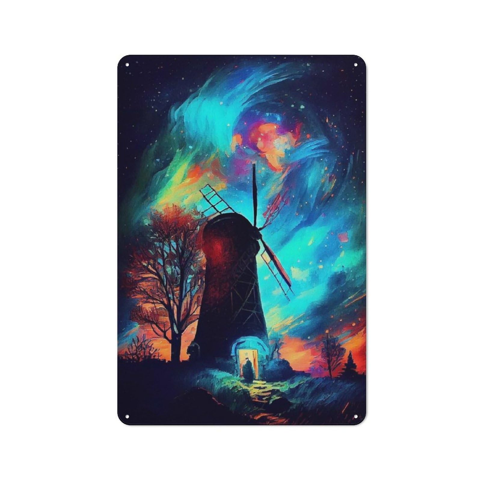 Junmoney Neon Night With Windmill Retro Metal Sign With Design 30X20cm, Nostalgic Vintage Wall Decor For Kitchen, Hallway, Bar Or Small Cafe