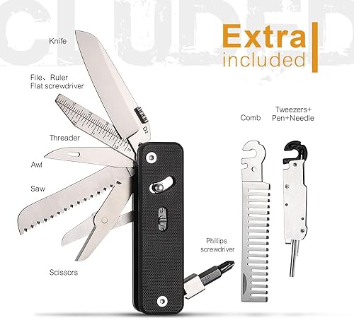 Miniatura 2 de ROXON S503G 9 en 1 Mini multiherramienta EDC cuchillo de bolsillo multiherramienta con mango G10, tijeras, destornillador, Threader, punzón,