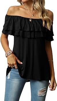 ♡PELLICULE loose offshoulder tops♡ KEEDONE Women's Casual Off Shoulder Ruffle Tops Short Sleeve
