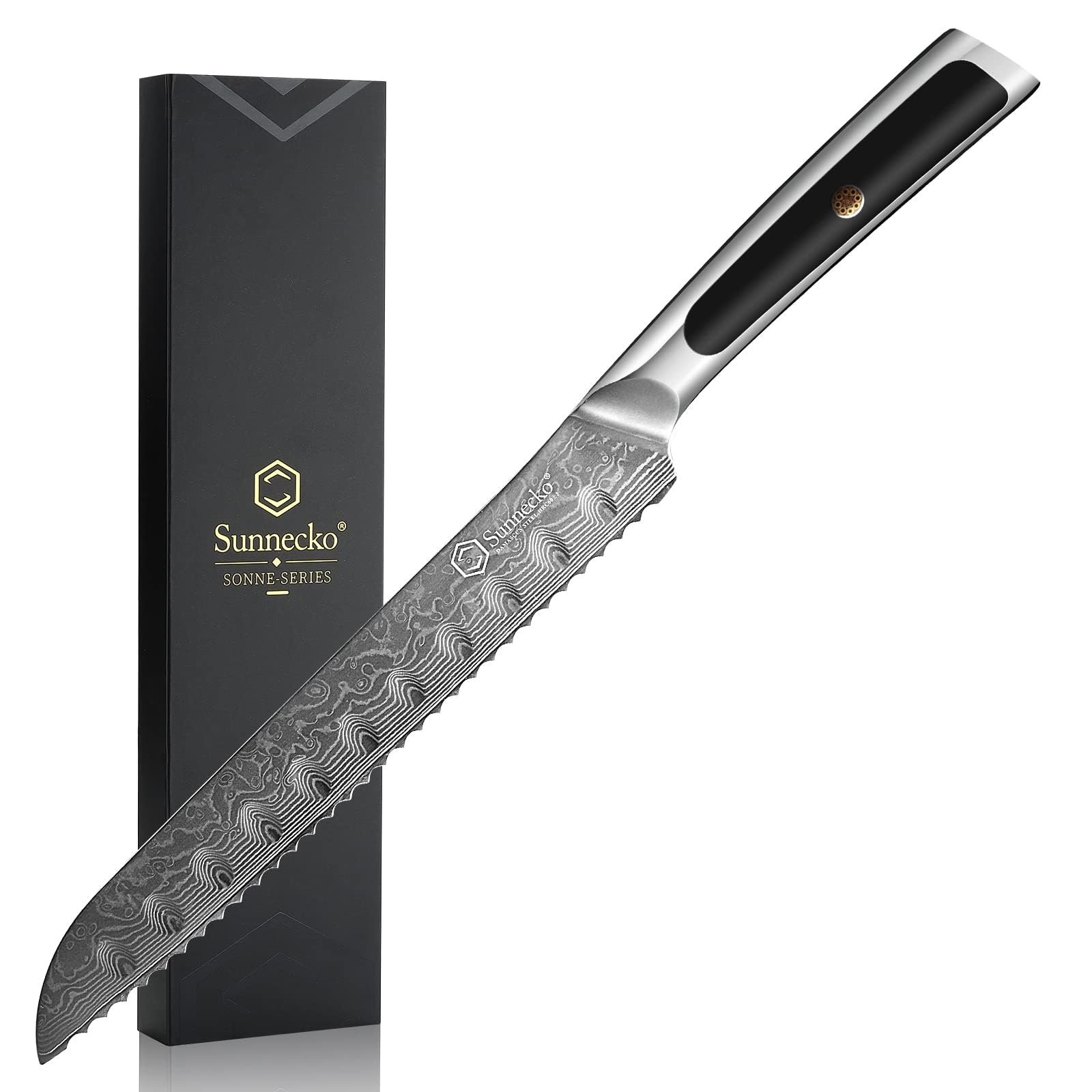 Sunnecko Damascus Bread Knife 8 inch - Serrated Bread Knife for Homemade Bread with 67-Layer VG10 Damascus Steel Blade and Solid Handle Bread Cake Cutting