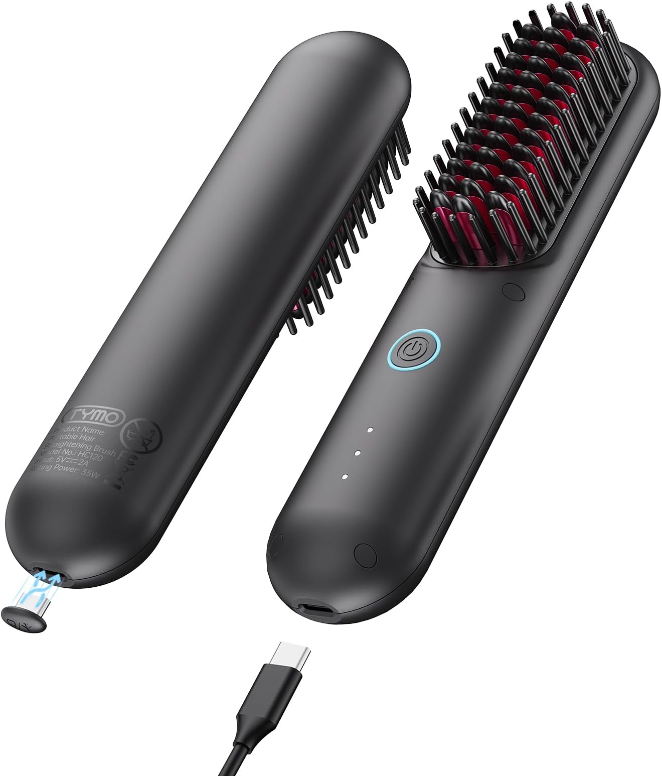 TYMO Cordless Hair Straightener Brush - Porta ECO Portable Straightening Brush for Travel, Mini Hot Straightening Comb for Women, Ceramic Coating, Lightweight for Touch-ups, Anti-Scald, Black